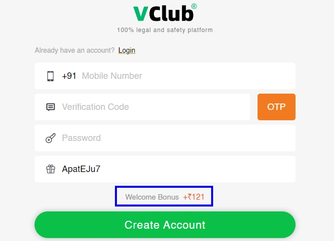 vclub Signup screen 