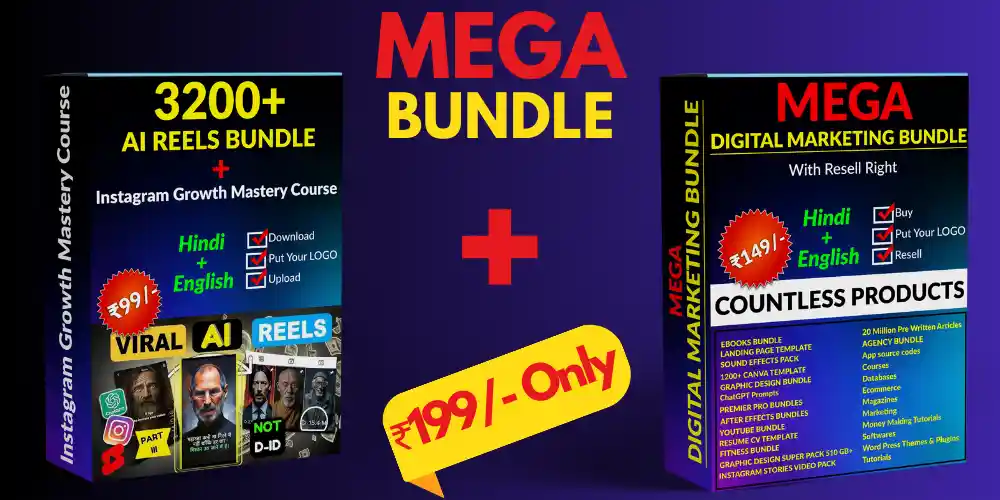 Instagram growth mastery course, ai reel bundle and digital marketing bundle combo pack